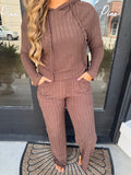 Brown ribbed knit hooded sweater set