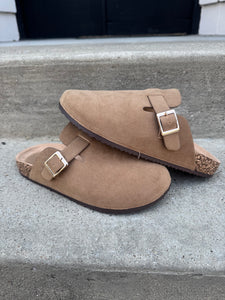 Taupe suede clogs