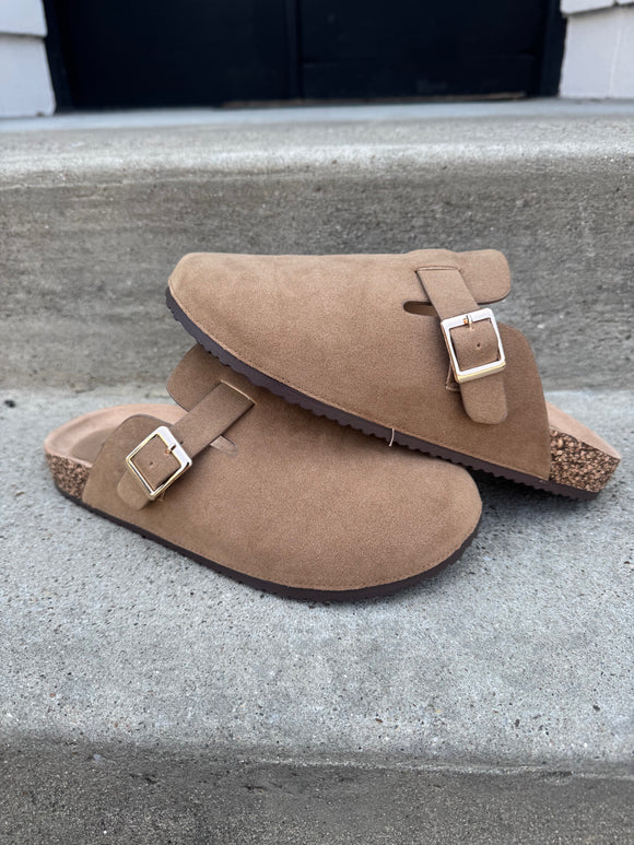 Taupe suede clogs