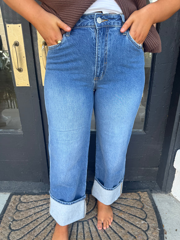 Crystal straight leg cuff jeans