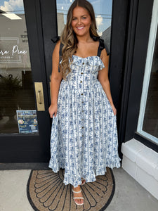Blue stripe button down floral dress