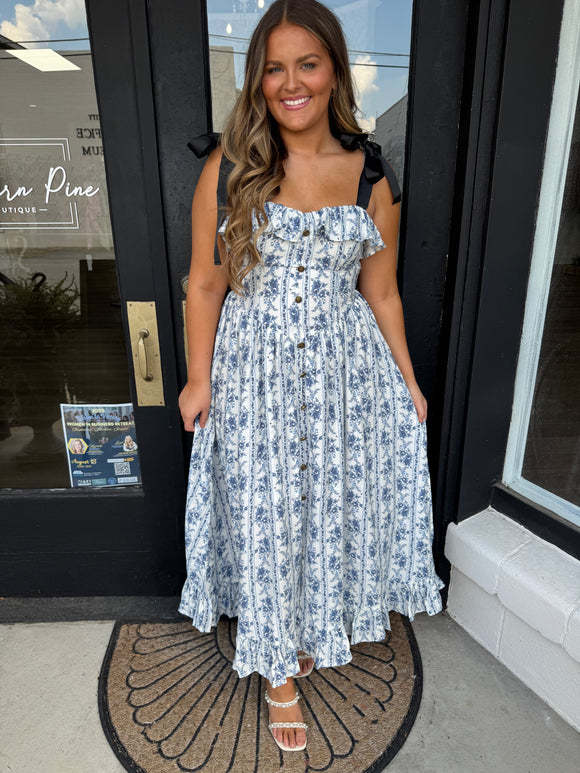 Blue stripe button down floral dress