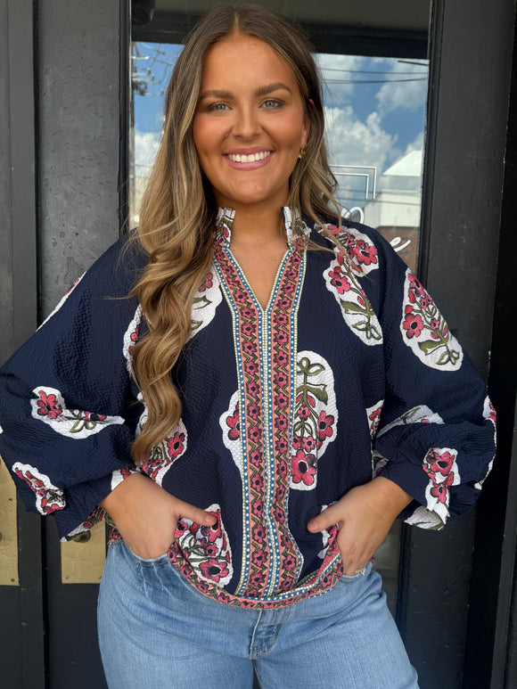 Navy boho floral top