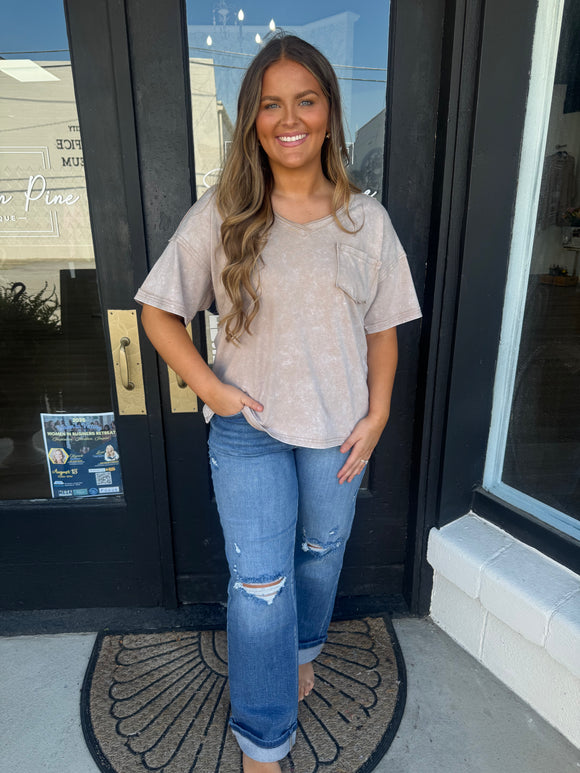 Taupe mineral washed v-neck top