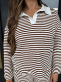 Brown striped collared knit lounge set