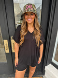 Black v-neck two piece shorts set
