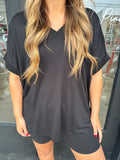 Black v-neck two piece shorts set