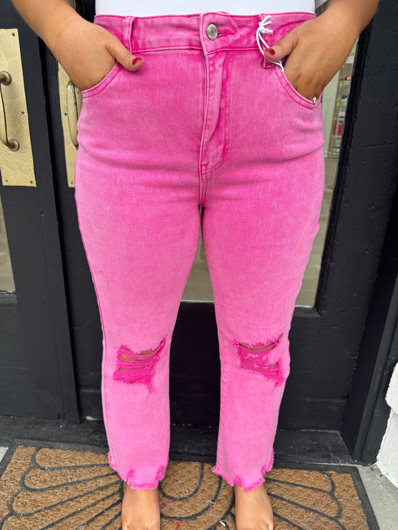 Hot pink distressed cropped flares