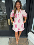 Floral print notched collar pink mini dress