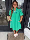 Green seersucker puff sleeve dress