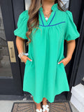 Green seersucker puff sleeve dress