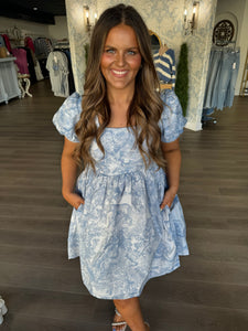 Blue willow square neck dress