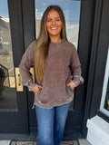 Ribbed mineral washed crewneck - longer brown