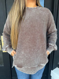 Ribbed mineral washed crewneck - longer brown