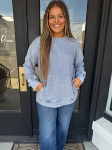 Ribbed mineral washed crewneck - longer marlin