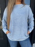 Ribbed mineral washed crewneck - longer marlin