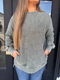 Ribbed mineral washed crewneck - longer dark olive