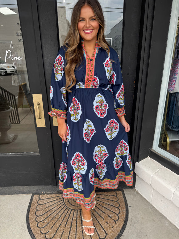 Navy boho floral dress