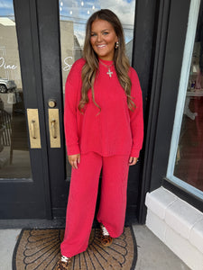 Raised ribbed mock neck set - ruby