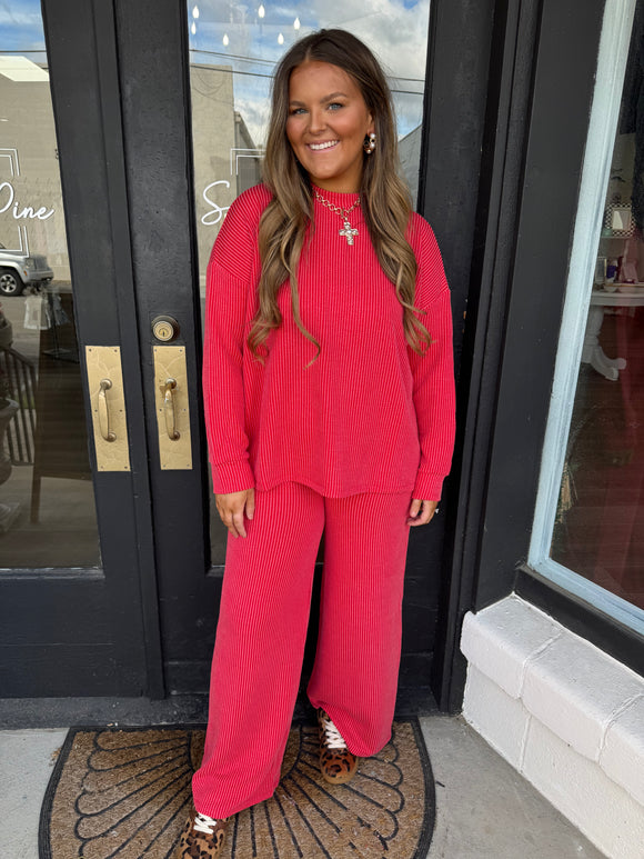 Raised ribbed mock neck set - ruby