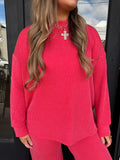 Raised ribbed mock neck set - ruby