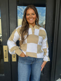 White & tan block v-neck sweater