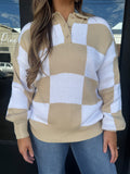 White & tan block v-neck sweater