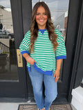 Green striped top with blue trim
