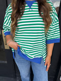 Green striped top with blue trim