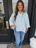 Light blue striped button front top