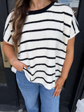 Striped French terry top- black