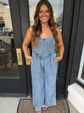 Smocked chambray jumpsuit