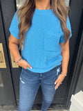 Blue knit short sleeve sweater