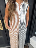 Camel & black asymmetrical striped jumpsuit