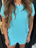 Blue & cheetah trim ribbed shorts set