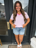 Everyday V-Neck Stripe Tee- Candy Pink