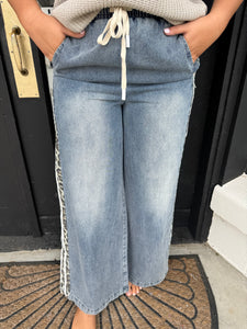 Off white denim with cheetah trim