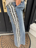 Off white denim with cheetah trim