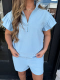 Light blue half zip ribbed short set