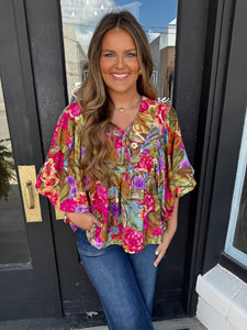 Printed blouse with bubble sleeves & neck tie