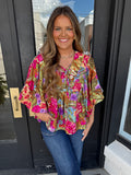 Printed blouse with bubble sleeves & neck tie