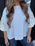 Striped knit pullover with floral bubble sleeves