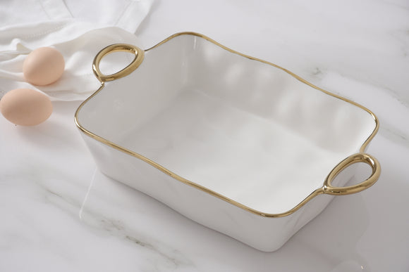 11″ x 9″ Rectangular Baking Dish- White & Gold