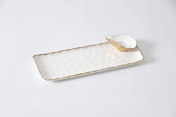 Sushi Tray w/ Mini Oyster Bowl- Gold & White