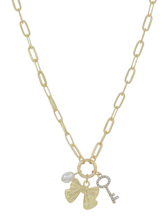 Gold Open Chain with Bow, Key, and Pearl Charms 16