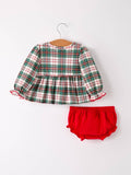 Christmas Plaid Smocking Embroidered Girls Bloomers Romper Set: 3M