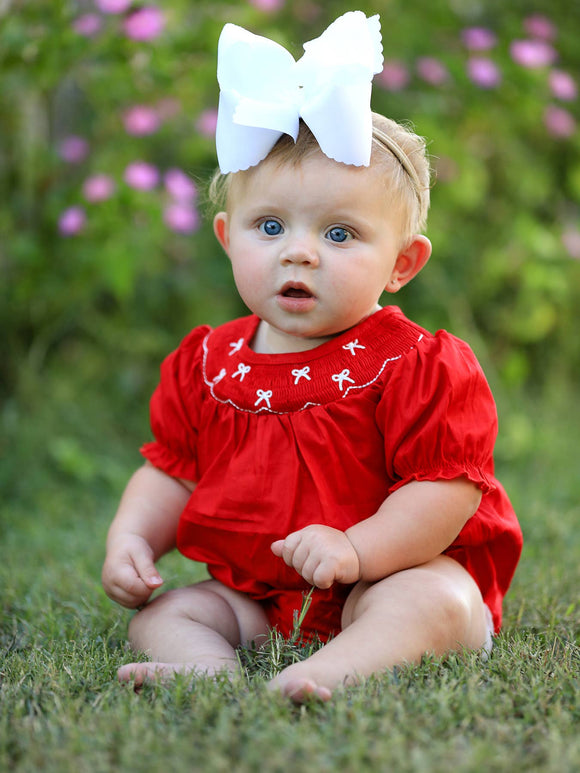 Girls Bow Smocking Embroidered Red Romper: 3M