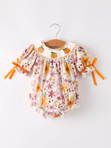 Halloween & Thanksgiving Pumpkin Embroidery Smock Floral Baby Girl Romper: 3M