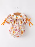 Halloween & Thanksgiving Pumpkin Embroidery Smock Floral Baby Girl Romper: 3M