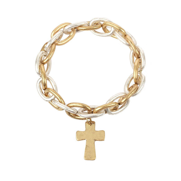 Worn Gold and Silver Linked Stretch Bracelet with Cross